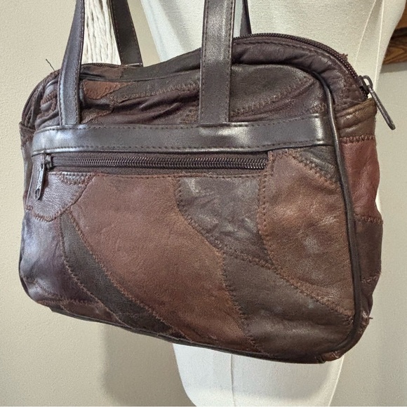 Vintage 90s Brown Leather Patchwork Shoulder Bag | Retro Boho Shoulder Tote - Picture 6 of 10